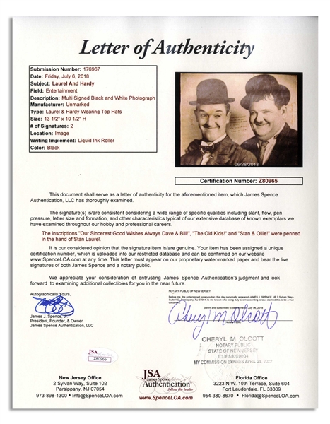 Fantastic Laurel & Hardy Signed Photo Measuring 13.5'' x 10.5'' -- With JSA COA